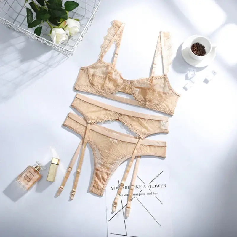 3-Piece Lace Khaki Floral Transparent Bra Underwire & Panty
