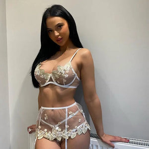 3-Piece Lace Transparent White Embroidery Lingerie Set
