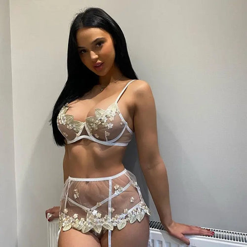 3-Piece Lace Transparent White Embroidery Lingerie Set