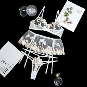 3-Piece Lace Transparent White Embroidery Lingerie Set - S