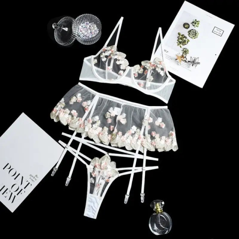 3-Piece Lace Transparent White Embroidery Lingerie Set - S