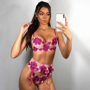 3-Piece Lace Unlined Embroidery Floral Bra Underwire &