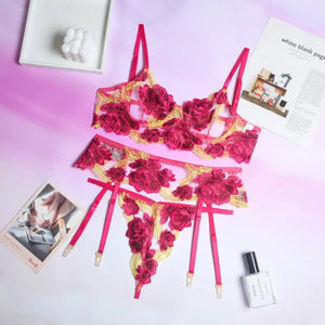 3-Piece Lace Unlined Embroidery Floral Bra Underwire &