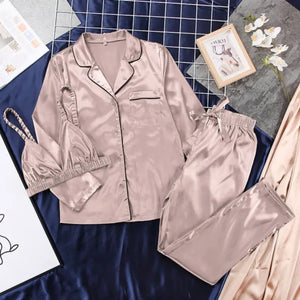3 Piece Satin Long Sleeve Pajamas - Light Brown / S