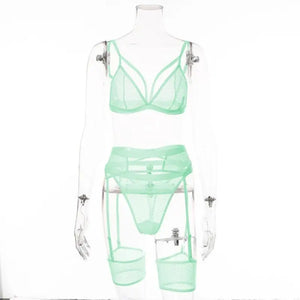 3 Piece Sensual Unlined Bra & Panty with Garter Belt - Mint