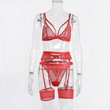 Load image into Gallery viewer, 3 Piece Sensual Unlined Bra &amp; Panty with Garter Belt - Red