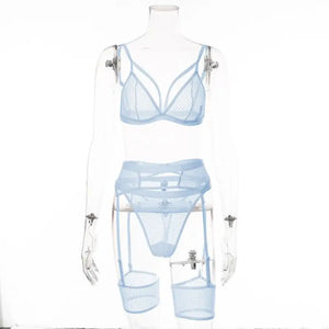 3 Piece Sensual Unlined Bra & Panty with Garter Belt - sky
