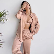 Load image into Gallery viewer, 3 Piece Turn Down Collar Long Sleeve Solid Pajama Set - Bra