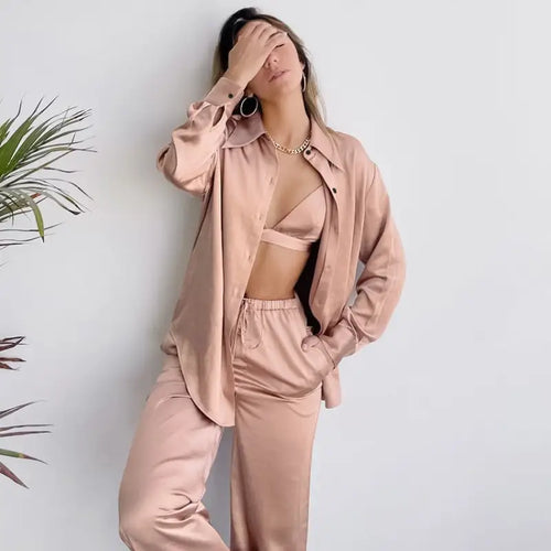 3 Piece Turn Down Collar Long Sleeve Solid Pajama Set - Bra