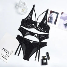 Load image into Gallery viewer, 3-Piece Unlined Embroidery Mesh Patchwork Lingerie Set