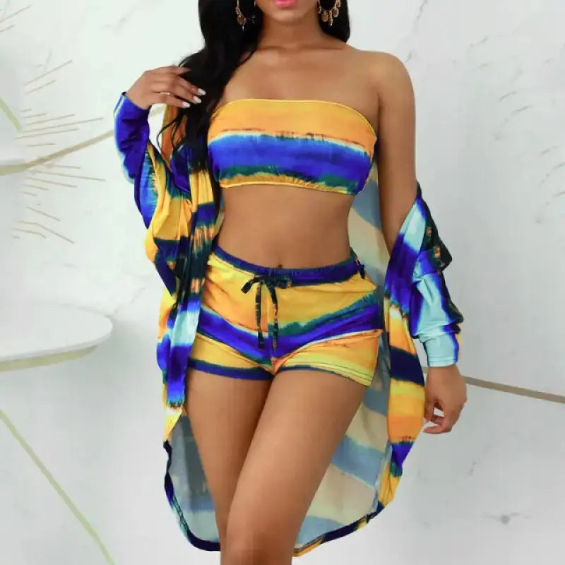 3PC Tie-Dye BeachWear Bikini Set With Cover Up