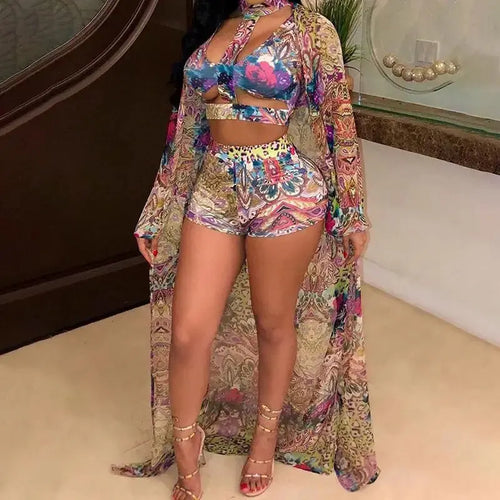 3PCS Mixed Print Bikini Sets With Cover Up