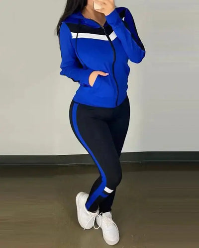 3Pc Set Colorblock Crop Top High Waist Pants & Hooded Coat Set