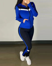 Load image into Gallery viewer, 3Pc Set Colorblock Crop Top High Waist Pants &amp; Hooded Coat Set