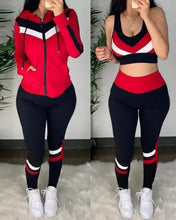Load image into Gallery viewer, 3Pc Set Colorblock Crop Top High Waist Pants &amp; Hooded Coat Set