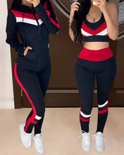Load image into Gallery viewer, 3Pc Set Colorblock Crop Top High Waist Pants &amp; Hooded Coat Set