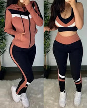 Load image into Gallery viewer, 3Pc Set Colorblock Crop Top High Waist Pants &amp; Hooded Coat Set
