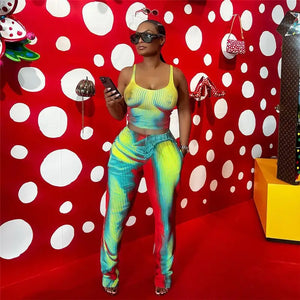 3D Crop Tank Top and High Waist Straight Pants Matching Set