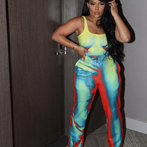 3D Crop Tank Top and High Waist Straight Pants Matching Set
