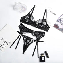 Load image into Gallery viewer, 3pc Open Cup See Through Floral Embroidery Lingerie Set