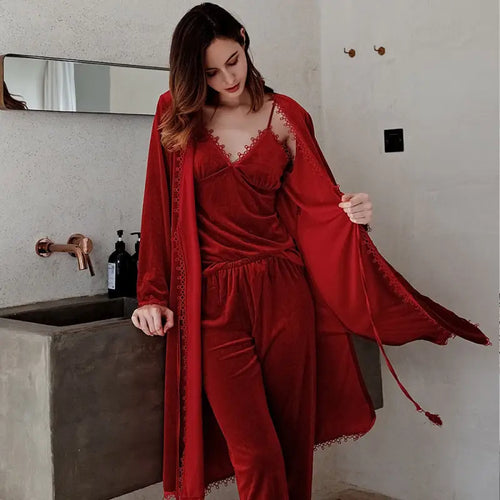 3PCS Velour Long Sleeve Pajama Set