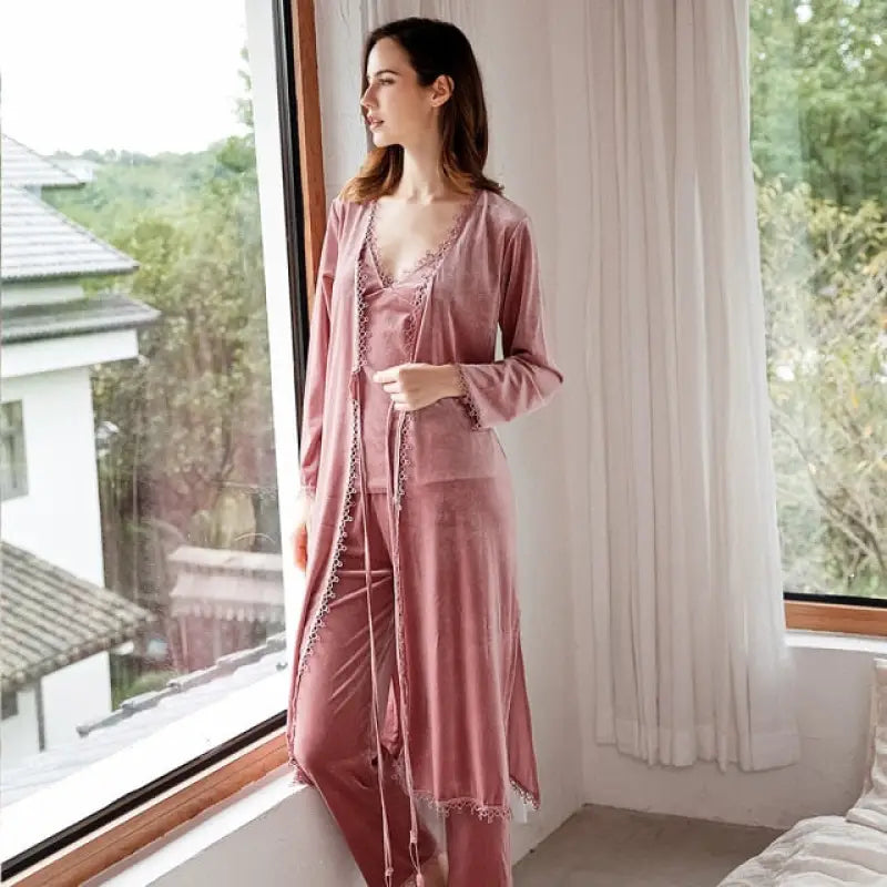 3PCS Velour Long Sleeve Pajama Set - Dark Pink / XL