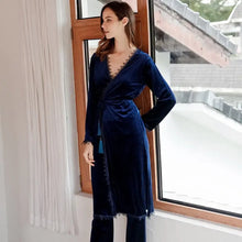 Load image into Gallery viewer, 3PCS Velour Long Sleeve Pajama Set - Navy Blue / XL