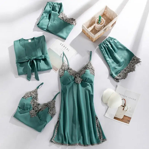5PC Lace V-Neck Satin Pajama Set