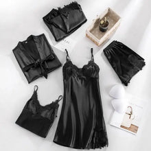 Load image into Gallery viewer, 5PC Lace V-Neck Satin Pajama Set - Black - B / M