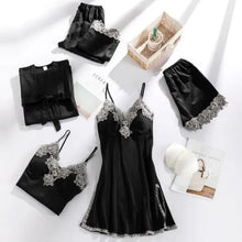 Load image into Gallery viewer, 5PC Lace V-Neck Satin Pajama Set - Black - A / XXL