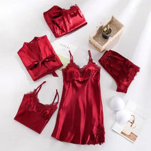 Load image into Gallery viewer, 5PC Lace V-Neck Satin Pajama Set - Burgundy - B / M