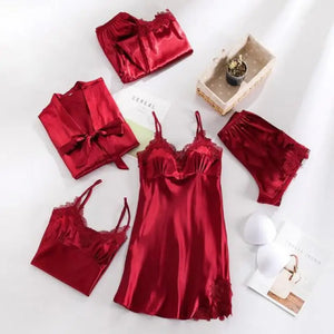 5PC Lace V-Neck Satin Pajama Set - Burgundy - B / M