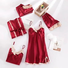 Load image into Gallery viewer, 5PC Lace V-Neck Satin Pajama Set - Burgundy - C / XXL