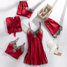 Load image into Gallery viewer, 5PC Lace V-Neck Satin Pajama Set - Burgundy - A / M