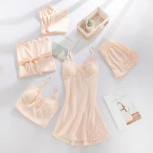 Load image into Gallery viewer, 5PC Lace V-Neck Satin Pajama Set - Champagne - B / M