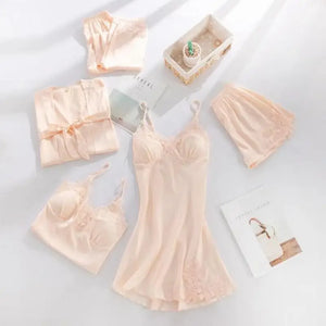 5PC Lace V-Neck Satin Pajama Set - Champagne - B / M