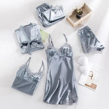 Load image into Gallery viewer, 5PC Lace V-Neck Satin Pajama Set - Gray - B / M