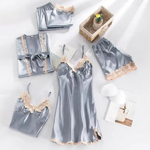 Load image into Gallery viewer, 5PC Lace V-Neck Satin Pajama Set - Gray - C / XXL