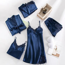 Load image into Gallery viewer, 5PC Lace V-Neck Satin Pajama Set - Navy Blue - B / M