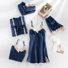 Load image into Gallery viewer, 5PC Lace V-Neck Satin Pajama Set - Navy Blue - C / XXL