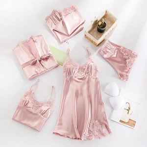 5PC Lace V-Neck Satin Pajama Set - Pink - B / M