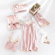Load image into Gallery viewer, 5PC Lace V-Neck Satin Pajama Set - Pink - C / XL
