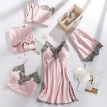 Load image into Gallery viewer, 5PC Lace V-Neck Satin Pajama Set - Pink - A / M
