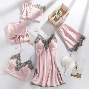5PC Lace V-Neck Satin Pajama Set - Pink - A / M
