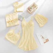 Load image into Gallery viewer, 5PC Lace V-Neck Satin Pajama Set - Yellow - B / XXL