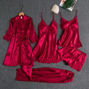 5PC Satin Nightwear Pajama Set - 5PCS Burgundy - A / XXL