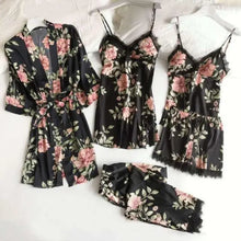 Load image into Gallery viewer, 5pc V-Neck Nightwear Lace Sleepwear Set - Black - C / XXL