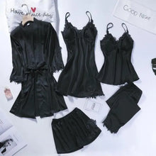 Load image into Gallery viewer, 5pc V-Neck Nightwear Lace Sleepwear Set - Black - A / M