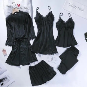 5pc V-Neck Nightwear Lace Sleepwear Set - Black - A / M