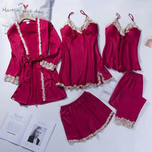 Load image into Gallery viewer, 5pc V-Neck Nightwear Lace Sleepwear Set - Burgundy - B / XXL